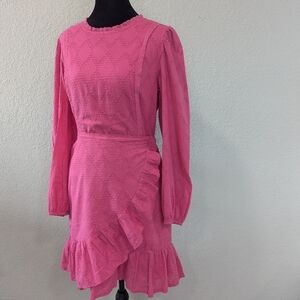 J.Crew Fuchsia Swiss Dot Wrap Dress | Long Sleeve Ruffle Hem | S